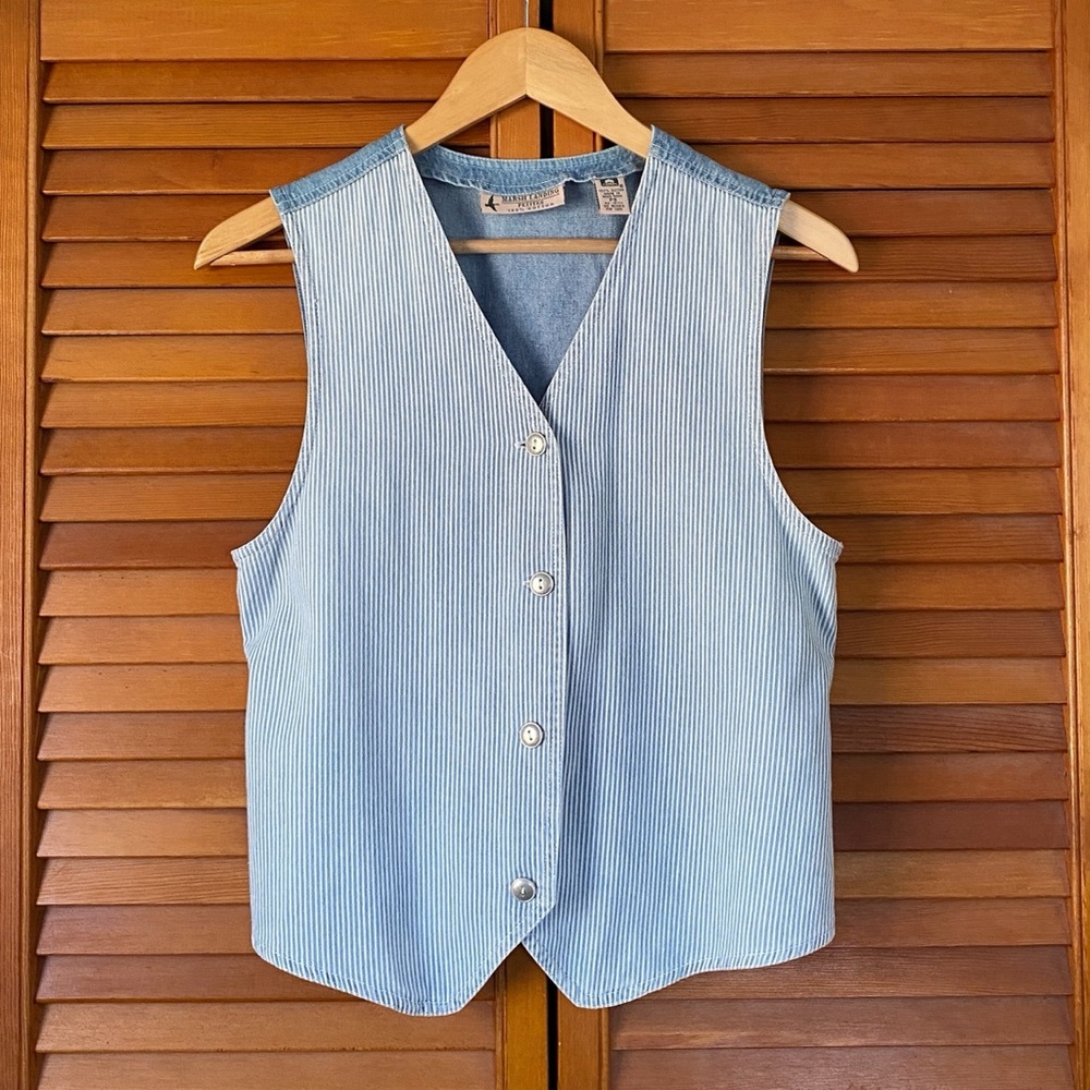 Vintage Marsh Landing Women’s Vest Size Small Petite Pinstripe Denim Buckle Back